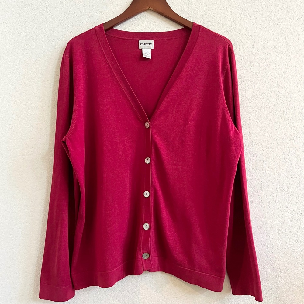 Chicos Silk Blend Cardigan‎ Sweater Top Red Button Up Long Sleeve Size 3 (XL)